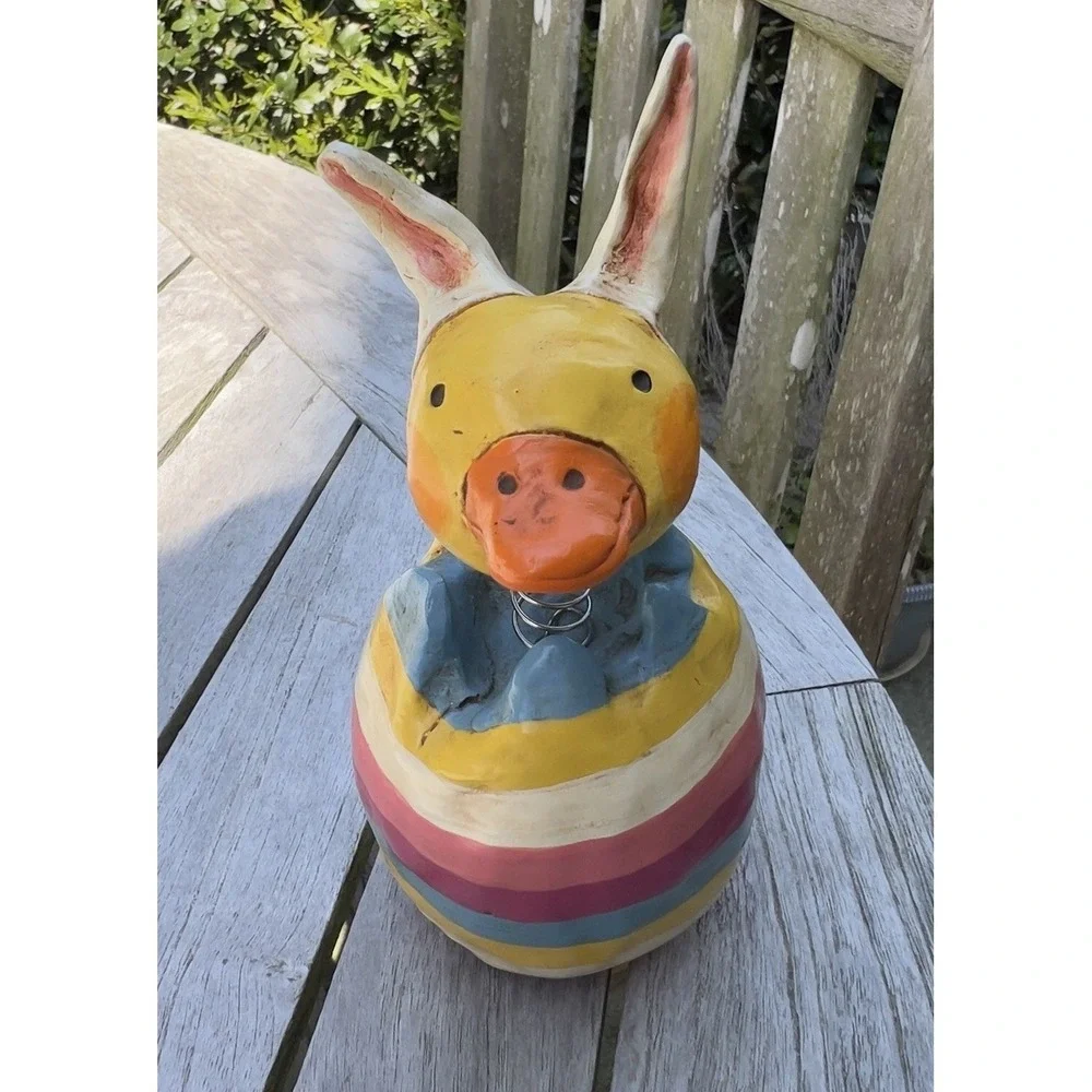 Penny McAllister Duck With Bunny Ears folk art Stripe Egg Easter 2003 Bobblehead